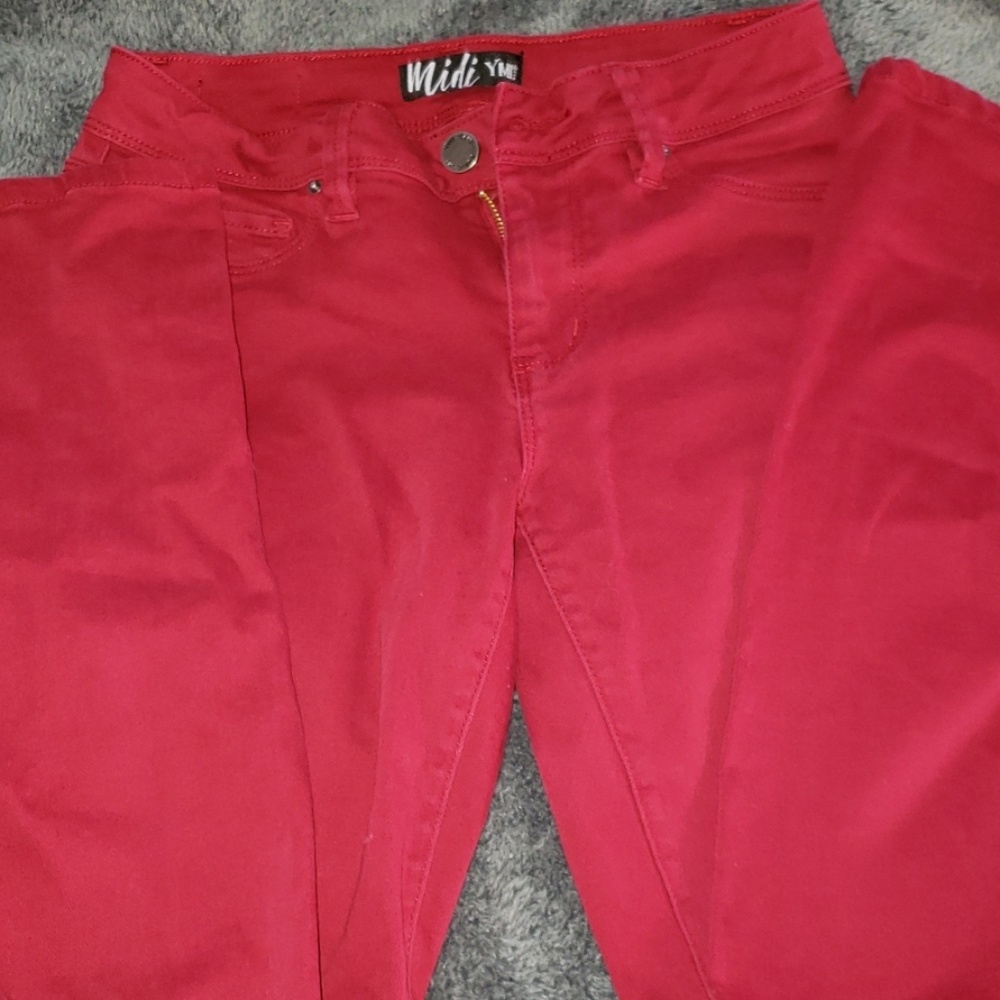 red straight leg jeans